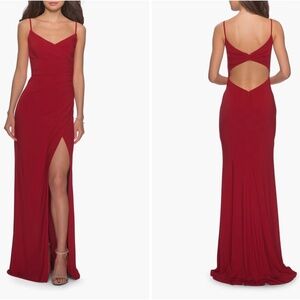 La Femme Long Jersey Dres with V-neck and Open Back